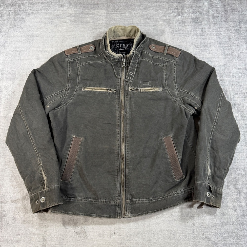 Guess Jacket Womens 2XL Grey Corduroy Military Full Zip Utility Moto Vintage Y2K